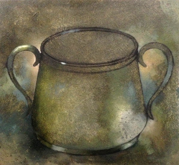Painting of a silver cup with handles.