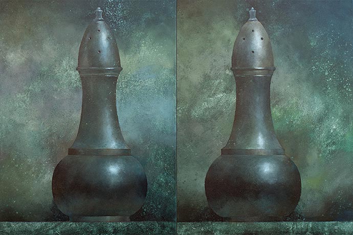 Diptych painting of a pewter salt and pepper set.