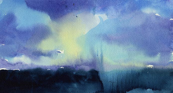 Loose watercolor painting of a landscape with luminous clouds and distant mountains.
