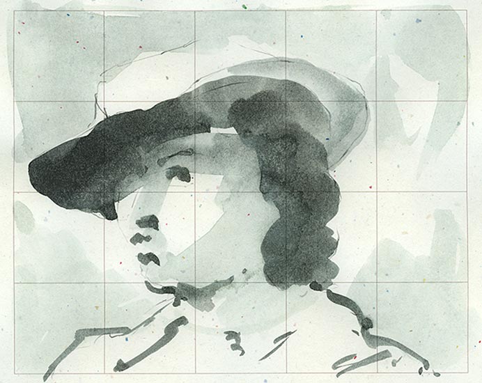 A watercolor portrait done loosely, monochromatically with a grid.