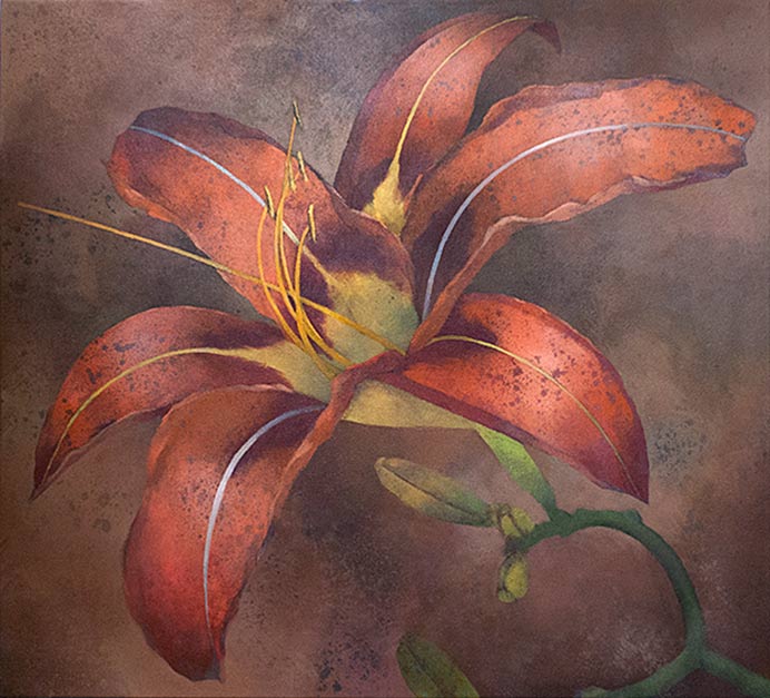 A large, close-up painting of an orange lily.