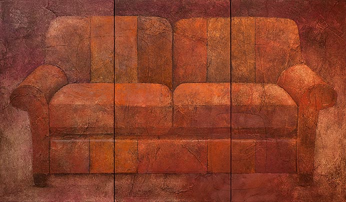 A large, three-panel painting of an orange sofa.
