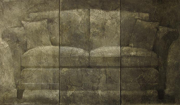 A sepia painting of an antique style sofa.