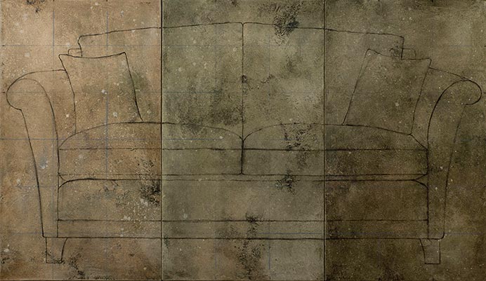 Preliminary drawing of an antique sofa on three canvas panels.