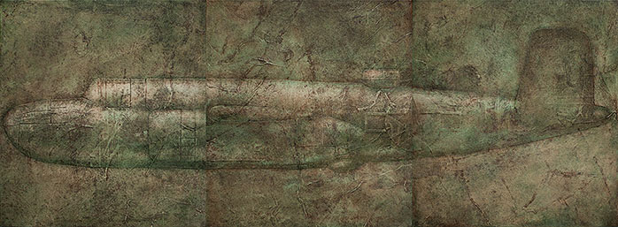A large three-panel painting of a Mitchell B-25, an American bomber from the Second World War.