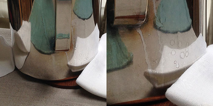 Two panel photograph of reflections in a silver ice bucket.