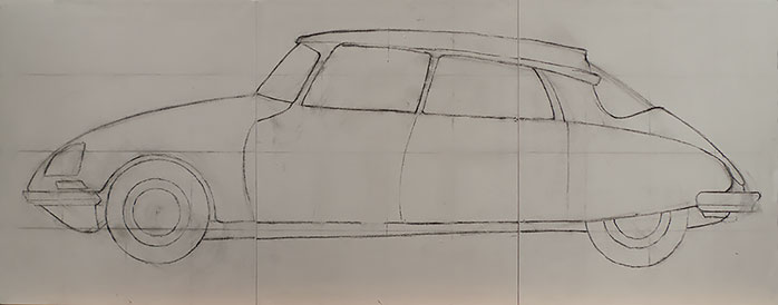 A charcoal line drawing on canvas of a Citroen automobile.