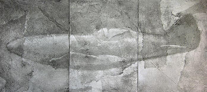 Early stage of a painting on three panels of a Second World War Russian fighter plane.