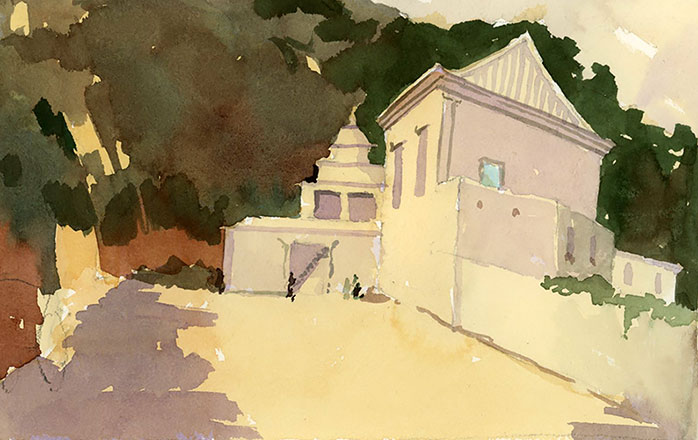 Watercolor copy of an 1837 James Holland painting of sunny buildings in Portugal.