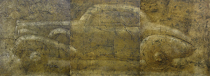 Three panel painting of a 1937 Buick automobile.