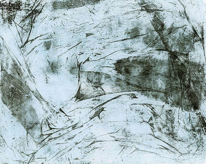 Gelli print with a bunch of randomly generated shapes that could suggest a snowy scene in the forest
