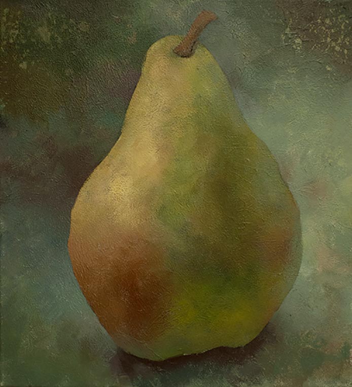 Luminous painting of a single Bartlett pear.