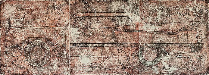 Triptych painting of a Dodge Lancer automobile from the 1950s