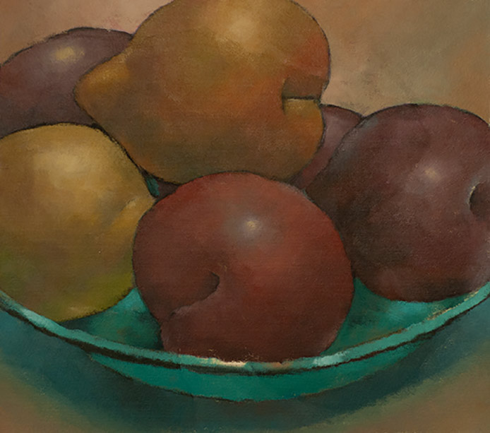 Painting of a dish of Santa Rosa plums, painted neatly.