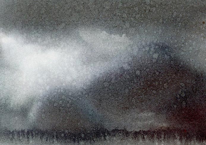Watercolor of a rainy, misty scene with a possible mountain.