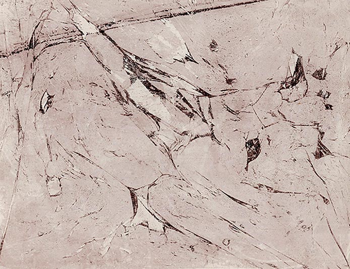 Gelli print suggesting an arrangement of accidental suggestive elements.