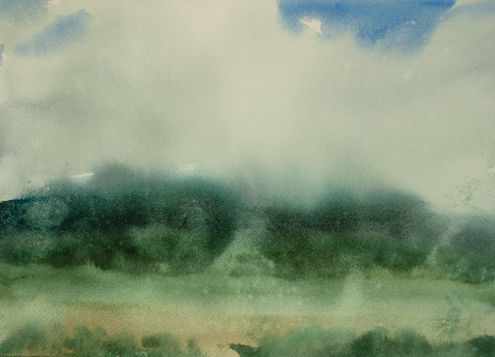 Watercolor painting of mountain cloud mist lifting.
