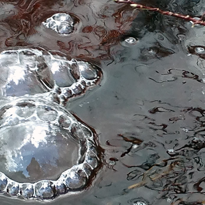 Close-up photograph of fleeting bubbles in a spring run-off Colorado mountain stream.
