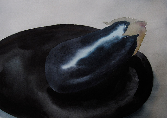 Watercolor painting of a single eggplant on a dark plate.