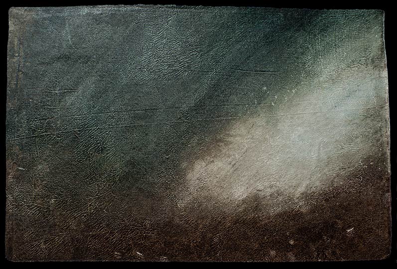 Very loose painting of rain falling in mountains.
