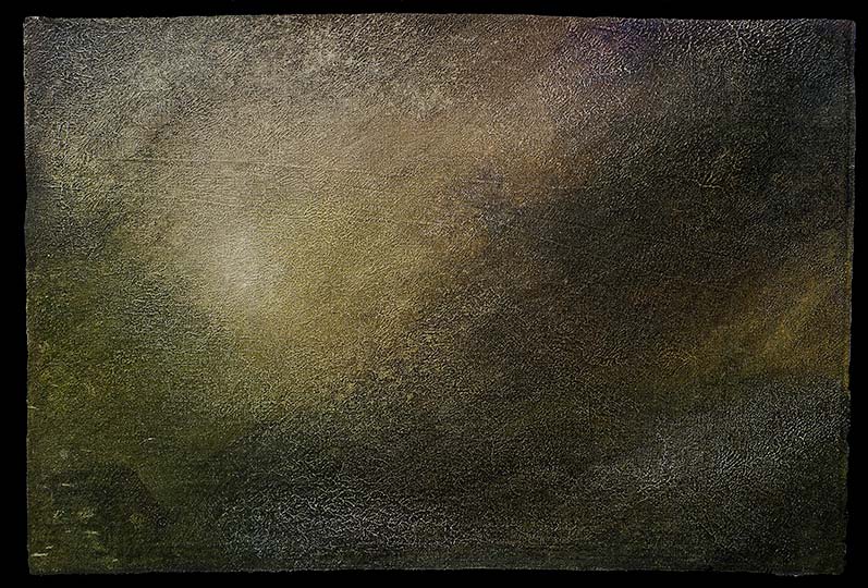 Very loose painting of rain falling in mountains.