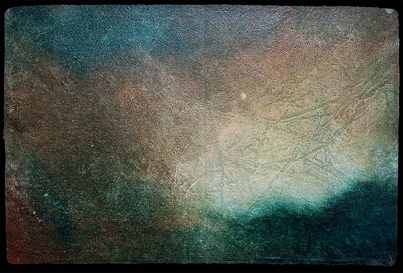 Very loose painting of rain falling in mountains.