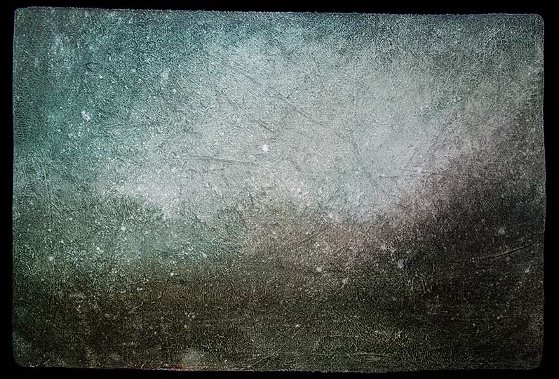 Very loose painting of rain falling in mountains.