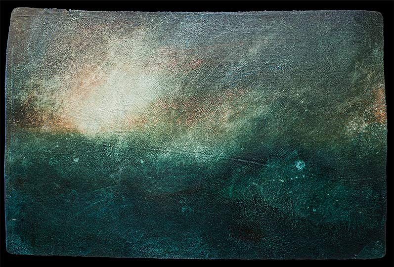 Very loose painting of rain falling in mountains.