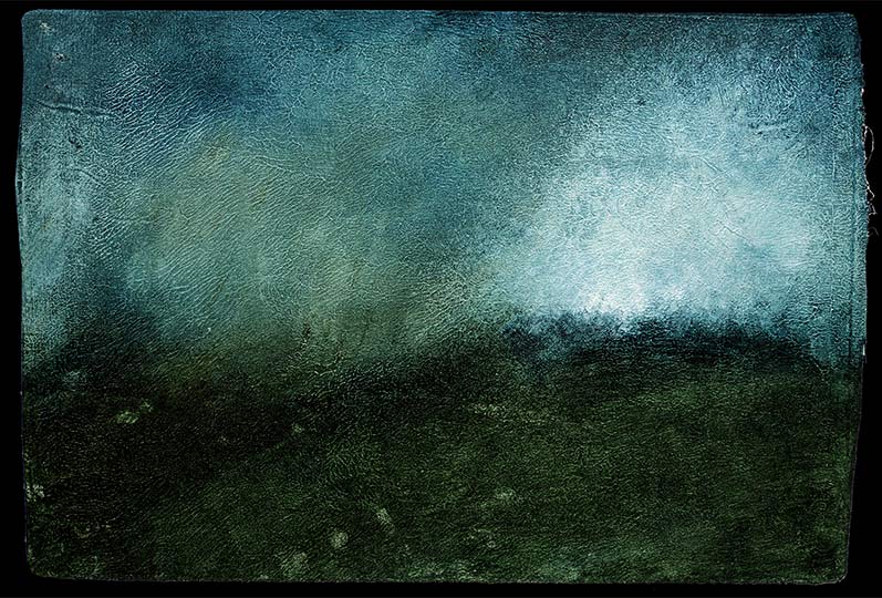 Very loose painting of rain falling in mountains.