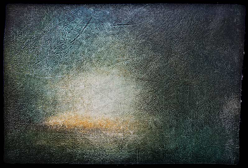 Very loose painting of rain falling in mountains.