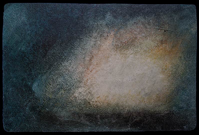 Very loose painting of rain falling in mountains.