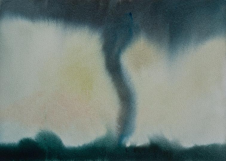 Watercolor painting of an approaching tornado.
