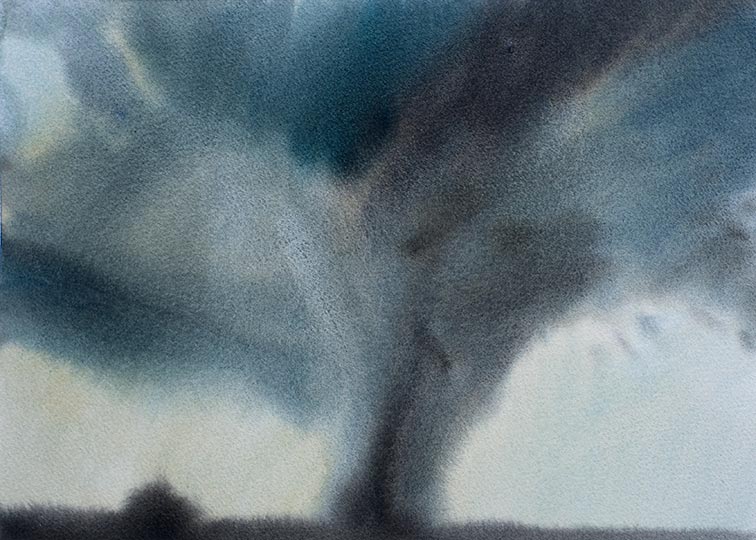 Watercolor painting of an approaching tornado.