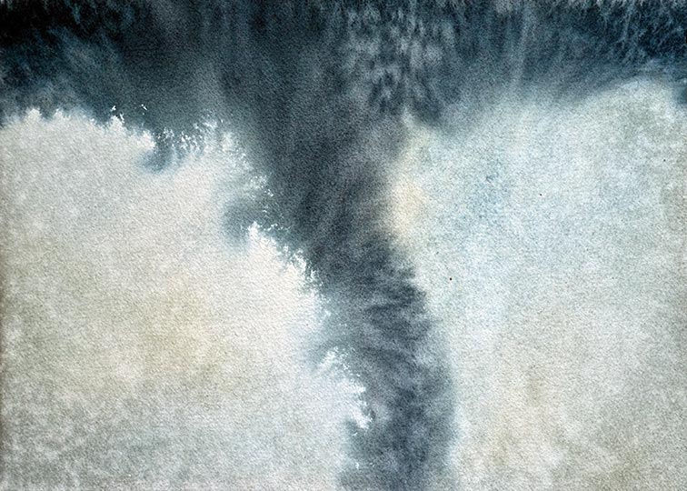 Watercolor painting of an approaching tornado.