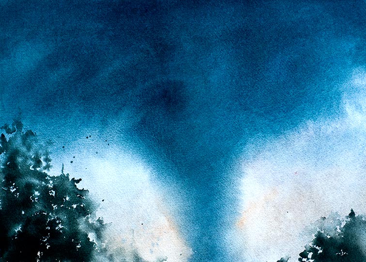 Watercolor painting of an approaching tornado.