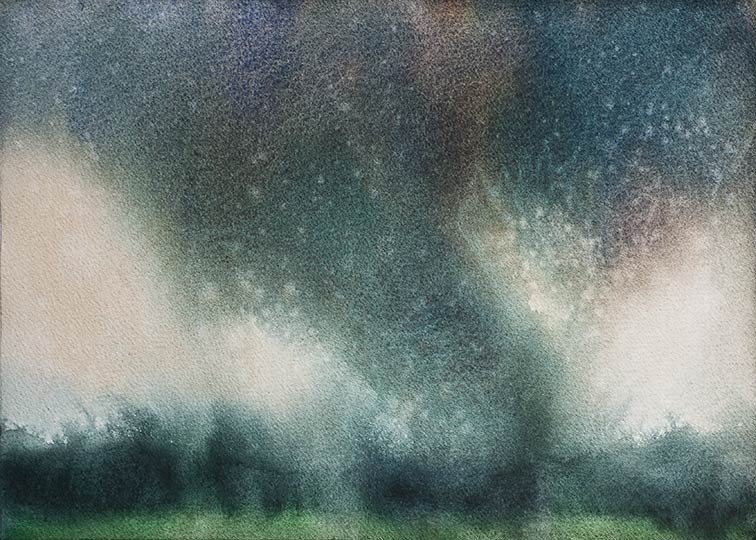 Watercolor painting of an approaching tornado.