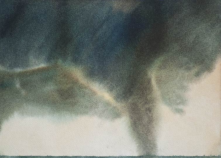 Watercolor painting of an approaching tornado.