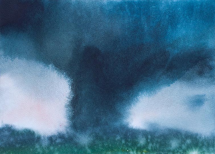 Watercolor painting of an approaching tornado.