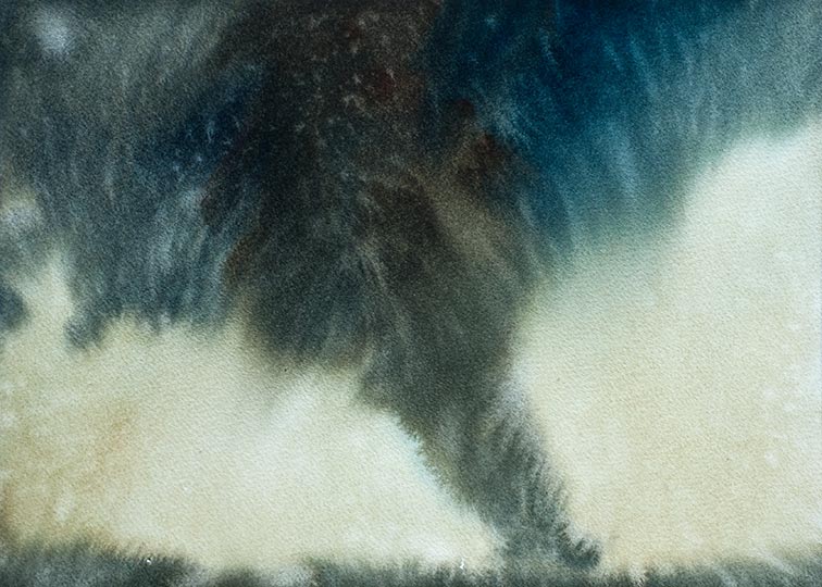 Watercolor painting of an approaching tornado.
