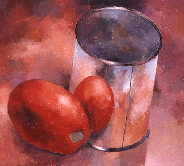 Painting of a red tomato reflected in a shiny can. 