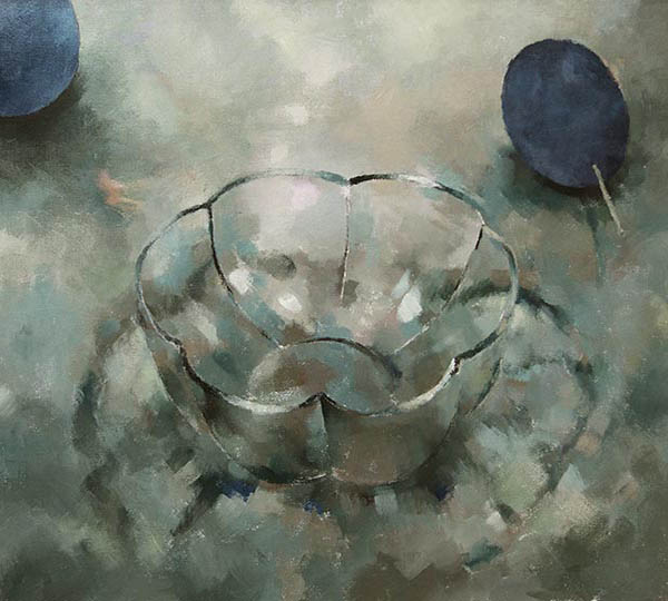 Painting of a glass bowl with two plums.