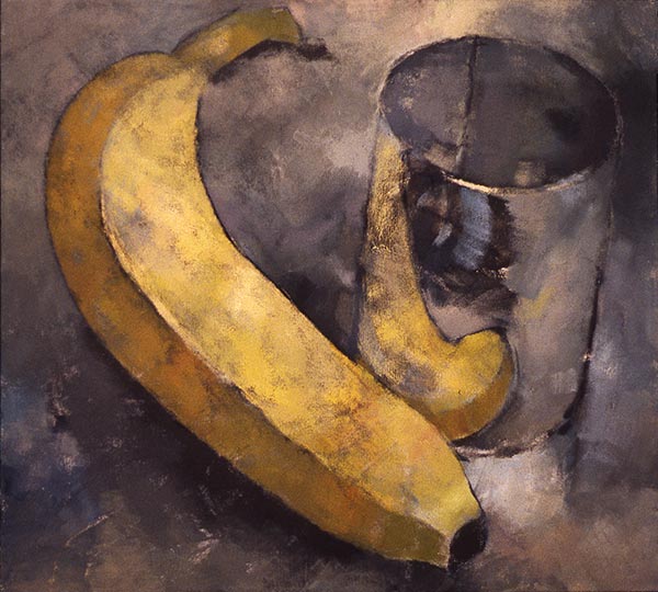 Painting of a banana and its reflection in a shiny can.