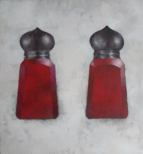 Painting of a set of red salt and pepper shakers.