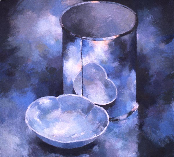Painting of a small dish reflected in a shiny can.