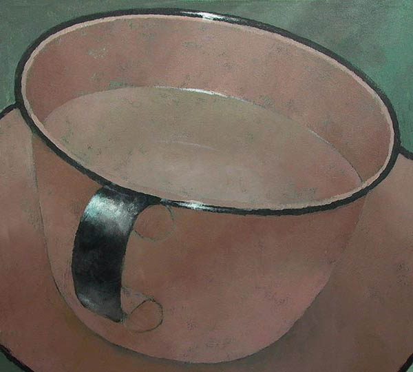 Painting of a beige tin cup with clear water.