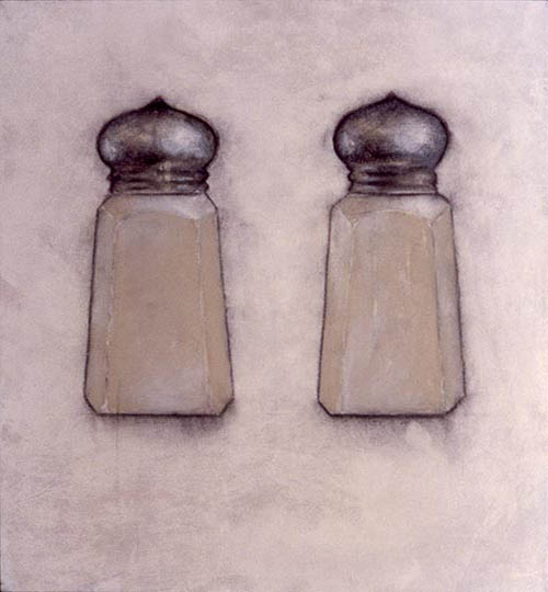 Painting of a set of cream colored salt and pepper shakers.