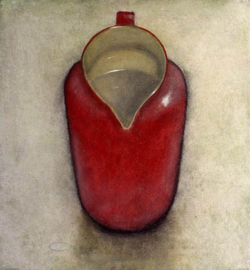 Painting of an old red pitcher with water.