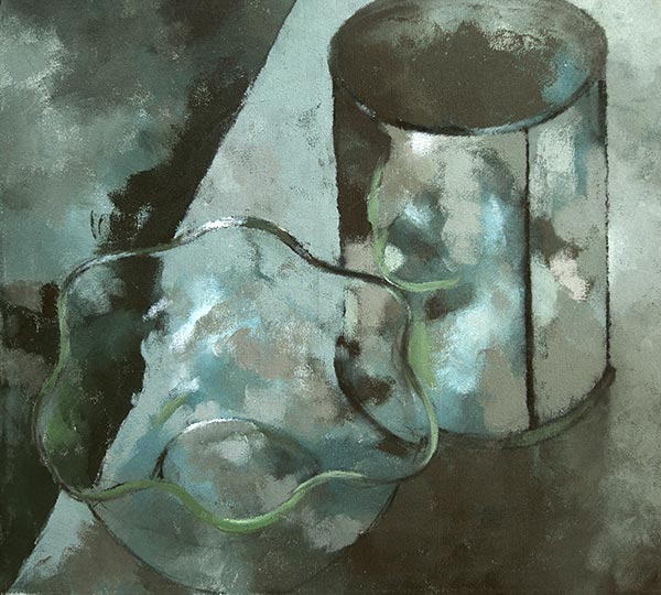 Painting of a glass bowl and tin can.