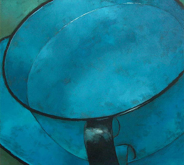 Painting of a blue tin cup with water.