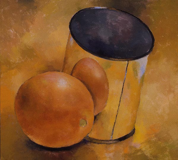 Painting of an orange reflected in a shiny tin can.